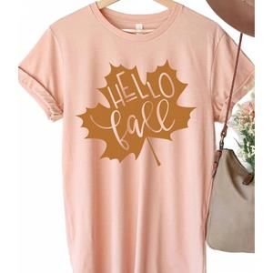 NEW KISSED APPAREL women's hello fall leaf graphic tee in heather peach